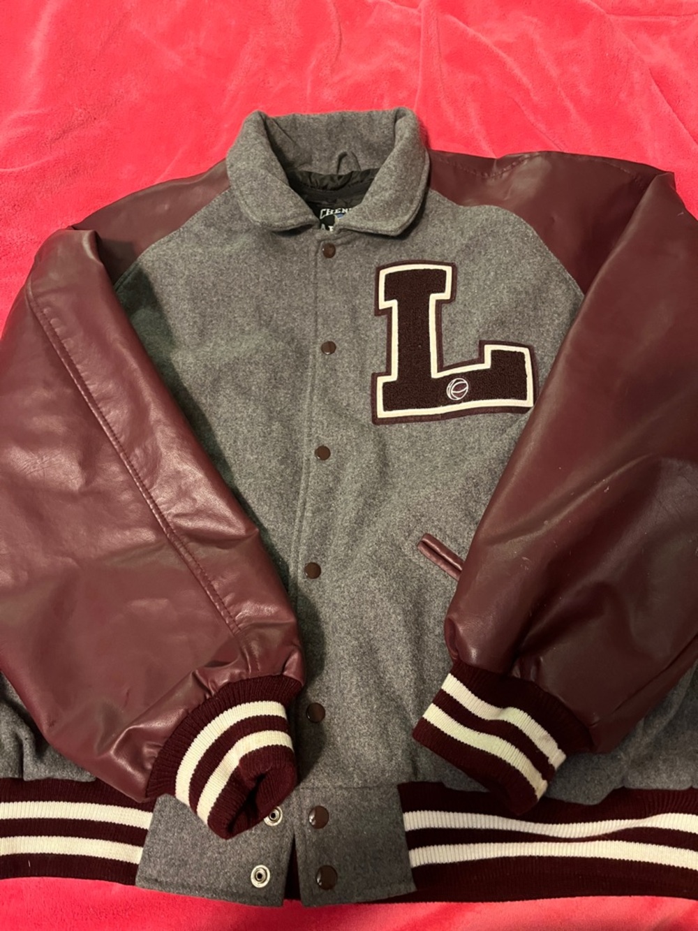 Letterman Wool & Faux Leather Bomber Jacket - Gray & Burgundy
